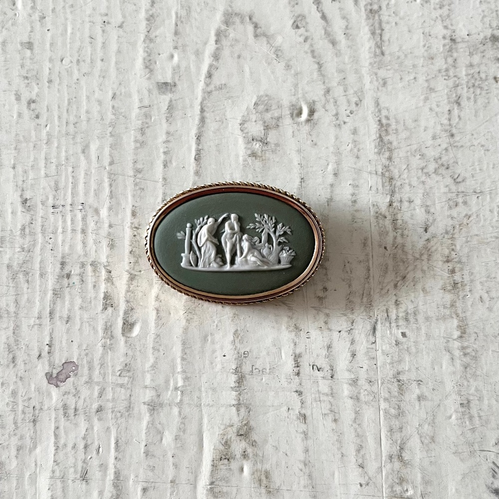 Vintage Wedgwood Brooch, Gold Filled and Green Jasperware w Allegorical Relief